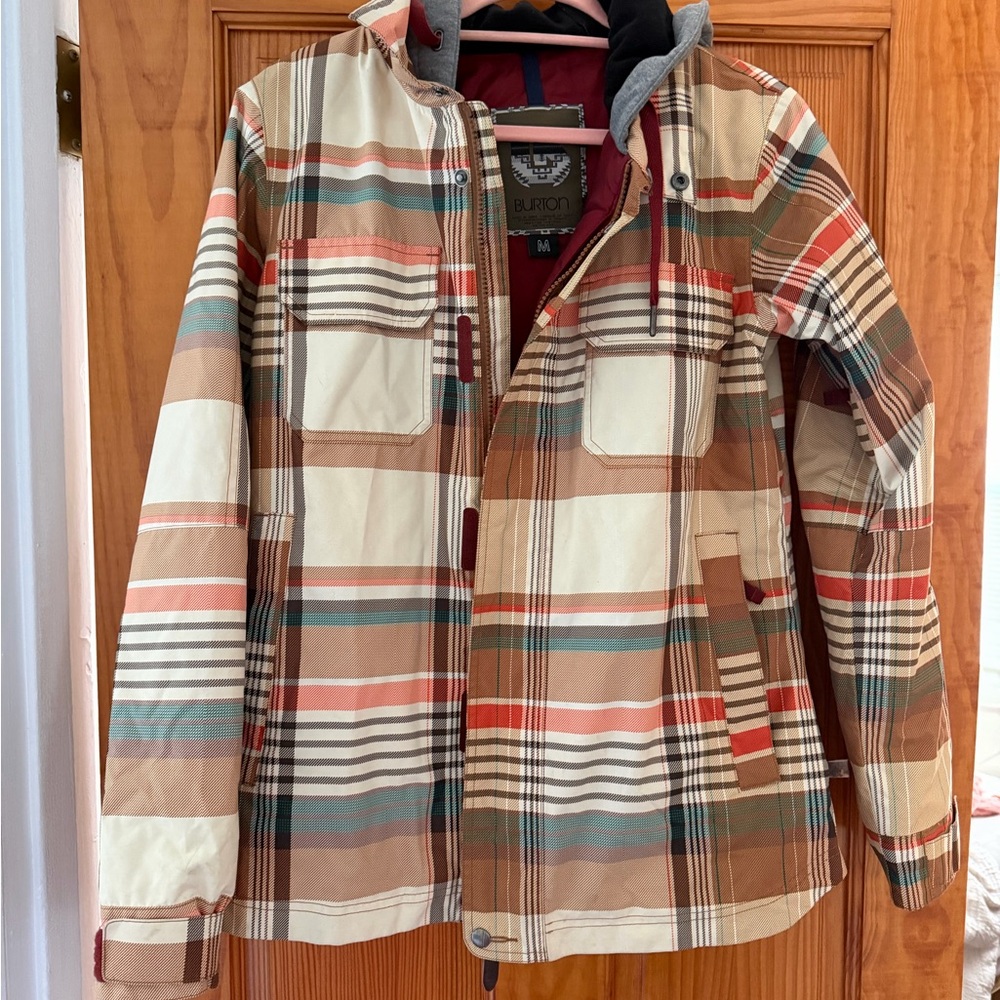 Burton Plaid Ski Jacket in Tan, Cream, Brown & Teal